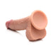 The Jock Real Skin Thick 8 Inch Medium Tone Silicone Suction Cup Dildo with Balls features a dual-density, lifelike design with detailed veins, textured testicles, and a sturdy suction cup base, shown against a white background.