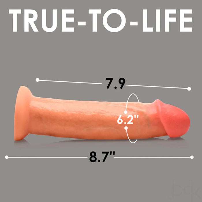 The Jock Real Skin Thick 8.5 Inch Light Tone Silicone Suction Cup Dildo is shown horizontally on a gray background with labeled measurements of 7.9", 6.2", and 8.7". "TRUE-TO-LIFE" in bold white letters highlights its authentic design.