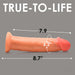 The Jock Real Skin Thick 8.5 Inch Light Tone Silicone Suction Cup Dildo is shown horizontally on a gray background with labeled measurements of 7.9", 6.2", and 8.7". "TRUE-TO-LIFE" in bold white letters highlights its authentic design.