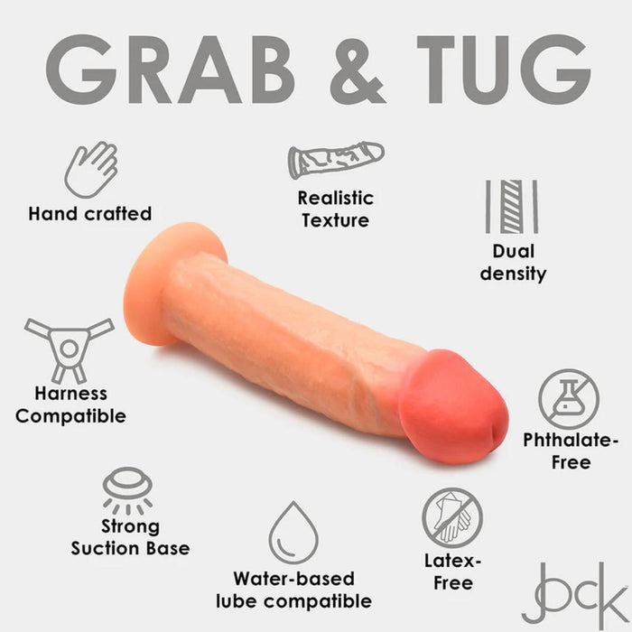 The Jock Real Skin Thick 8.5 Inch Light Tone Silicone Suction Cup Dildo offers hand-crafted detail, lifelike dual-density texture, is phthalate- and latex-free, water-based lube compatible, with a strong suction cup and harness compatibility.