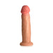 The Jock Real Skin Thick 8.5 Inch Light Tone Silicone Suction Cup Dildo stands upright on a flat base, showcasing a pink tip, textured surface, and lifelike dual-density construction against a white background.