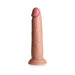The Jock Real Skin Thick 8.5 Inch Medium Tone Silicone Suction Cup Dildo, featuring a pronounced head and detailed veins, stands upright on its suction base against a white background.
