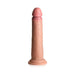The Jock Real Skin Thick 8.5 Inch Medium Tone Silicone Suction Cup Dildo has a lifelike design with a pronounced head, veined texture, and a flat suction base, standing upright against a white background.