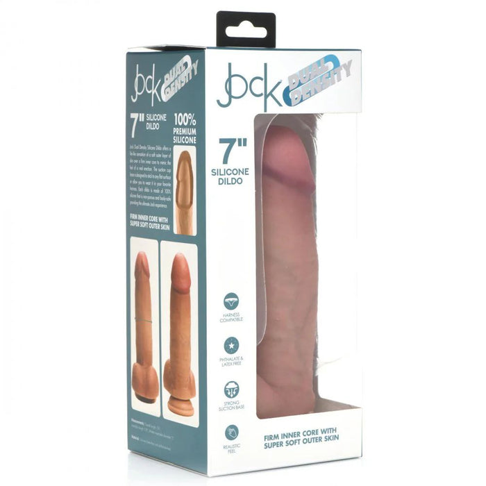 The Jock Realistic Dual Density Thick 7 Inch Silicone Dildo with Balls & Suction Cup is displayed in clear packaging, highlighting its lifelike design, premium silicone construction, and secure suction cup base.
