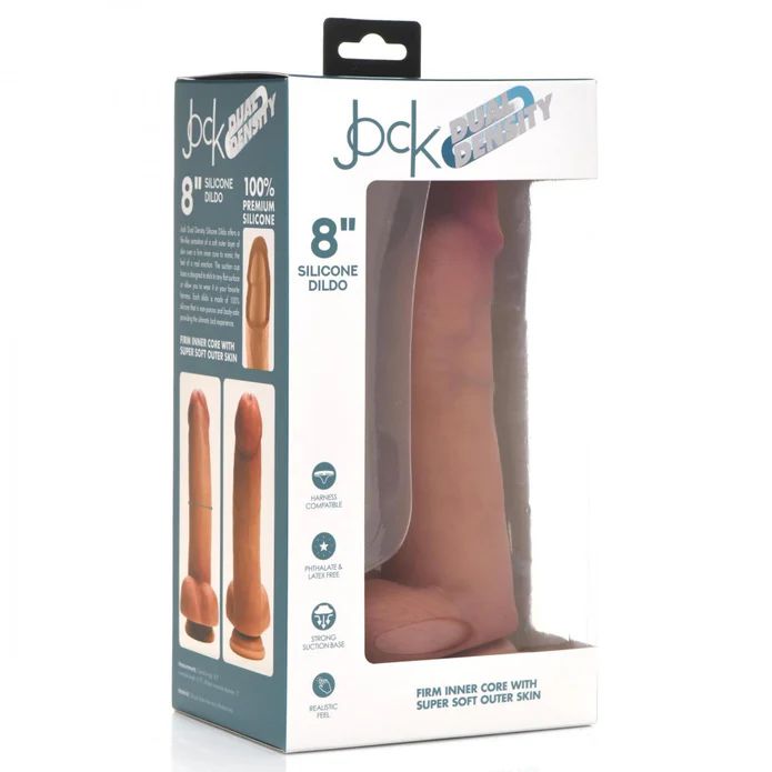 The Jock Realistic Dual Density Thick 8 Inch Light Tone Silicone Dildo with Balls & Suction Cup is visible in clear packaging, showcasing lifelike details, dual density construction, and “100% premium silicone” on the box.