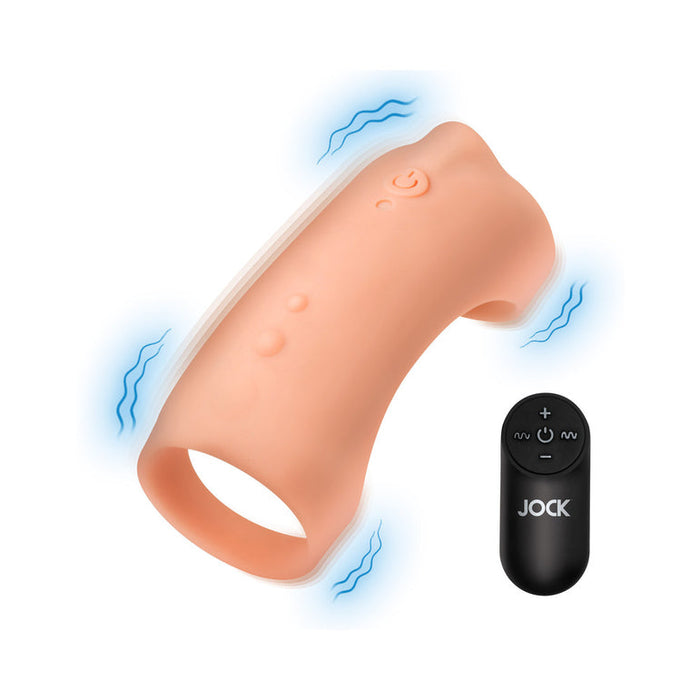 The Jock Vibrating Penis Sleeve and Support with Remote - Caramel features a caramel-colored, open-ended vibrating sleeve and a black wireless remote labeled "JOCK," shown with blue motion lines to suggest vibration.