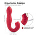 The Joi Thrust 2 App Controlled Thrusting Vibrator With Tongue in red has a curved, textured shaft, smaller extension, labeled diagrams of dimensions and charging port, is designed for dual orgasms, and delivers 1-hour use after a 2-hour charge.