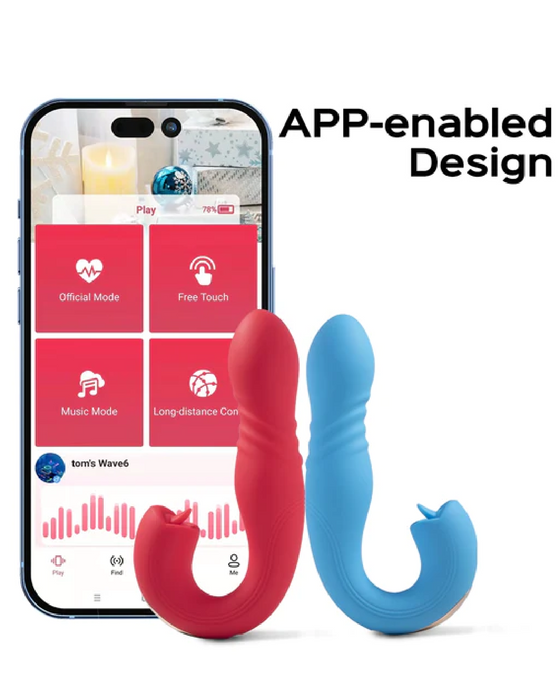 Joi App Controlled Thrusting Vibrator With Tongue  - Blue abd red next to phone showing app features 