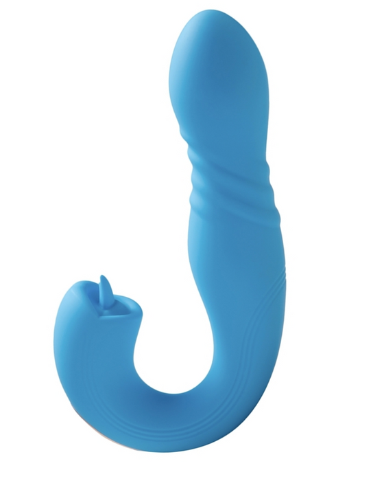Joi App Controlled Thrusting Vibrator With Tongue  - Blue upright view 