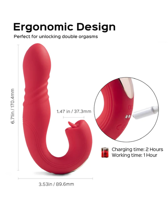 Joi App Controlled Thrusting Vibrator With Tongue  - Red graphic showing size 