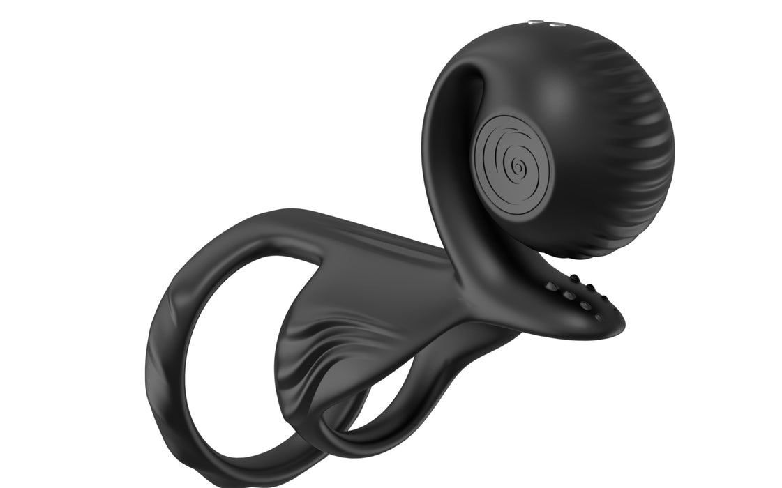 The Jovi Constant Contact Vibrating Couples Cock Ring with Remote boasts a sleek black ergonomic design, resembling a looped structure with a rounded tip and textured grip. Made of matte material, it offers smooth curves for enhanced clitoral stimulation.