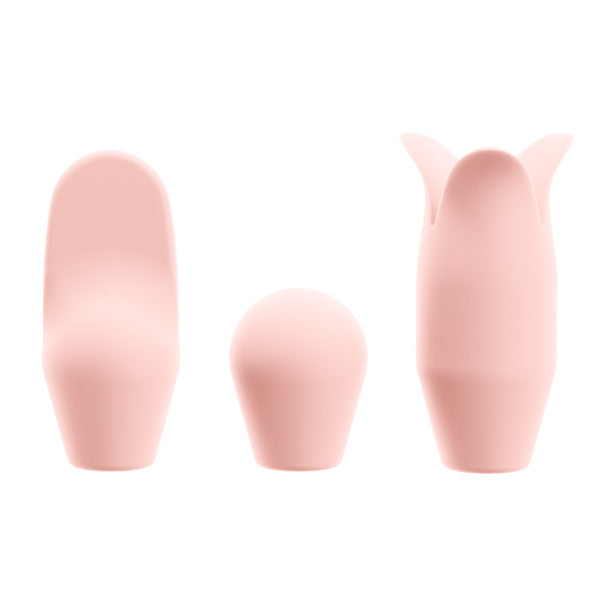 The Juno Precision Tip Oscillating Vibrator is shown with three pink silicone heads: one rounded, one spherical, and one with petal-like extensions—each designed for precise clitoral stimulation.