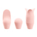 The Juno Precision Tip Oscillating Vibrator is shown with three pink silicone heads: one rounded, one spherical, and one with petal-like extensions—each designed for precise clitoral stimulation.