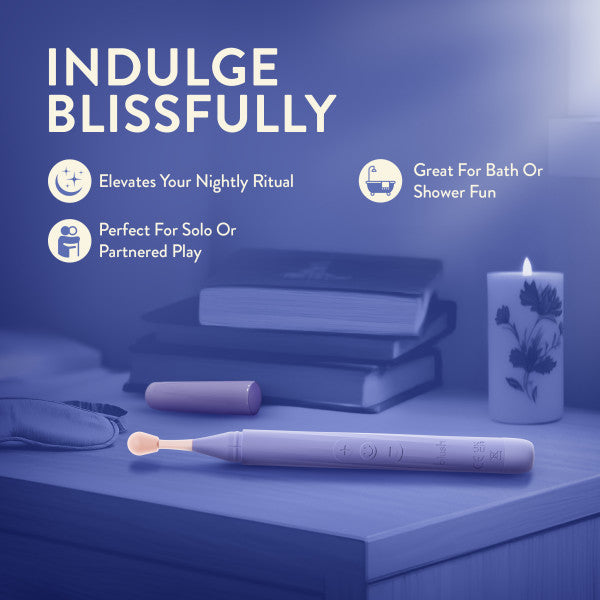 A purple-hued image displays the Juno Precision Tip Oscillating Vibrator with 3 Attachment Heads on a nightstand beside a lit candle and books, with text highlighting relaxation, solo or partnered play, and bath or shower suitability.