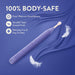 The Juno Precision Tip Oscillating Vibrator with 3 Attachment Heads is shown on a silky purple background with floating white feathers. Text highlights its body-safe Puria silicone, UltraSilk smooth finish, and phthalate-free, easy-to-clean design.