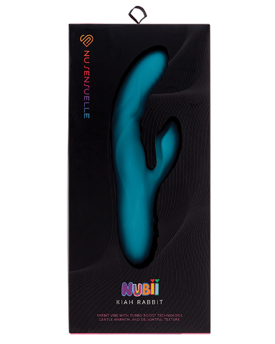 Nubii Kiah Warming Rabbit Vibrator - Teal in black box 