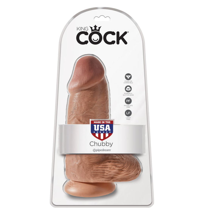 The King Cock Chubby Thick 9 Inch Suction Cup Medium Tone Dildo features a realistic design, a sturdy suction cup base, and packaging with easy-to-read icons and "Made in the USA" highlighted.