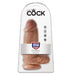 The King Cock Chubby Thick 9 Inch Suction Cup Medium Tone Dildo features a realistic design, a sturdy suction cup base, and packaging with easy-to-read icons and "Made in the USA" highlighted.