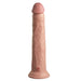 The King Cock Elite Huge 10 Inch Dual Density Light Tone Silicone Dildo features a realistic flesh-tone, veined texture, pronounced head, and flat base for strap-on use—shown against a white background.