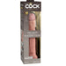 Boxed "King Cock Elite Huge 10 Inch Dual Density Light Tone Silicone Dildo" features a lifelike design, clear packaging, visible branding, product details, and strap-on compatibility.