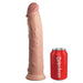 The King Cock Elite Huge Thick 11 Inch Dual Density Silicone Dildo, with a realistic flesh tone and sturdy suction cup, stands upright beside a red soda can labeled "Pipedream," showing their size difference.