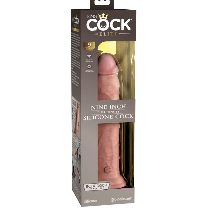 The King Cock Elite Long 9 Inch Dual Density Light Tone Silicone Dildo features a lifelike feel, a sturdy suction cup base, and comes in clear packaging for easy viewing.