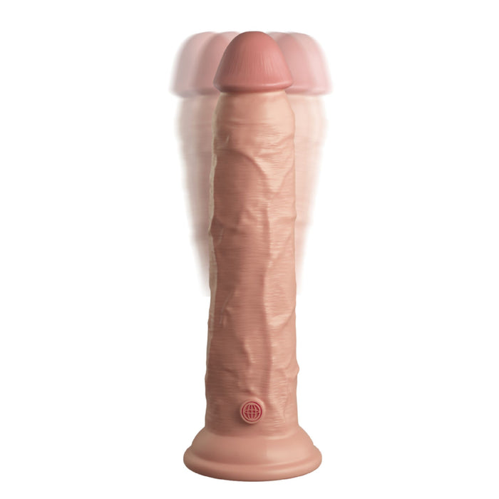 The King Cock Elite Long 9" Vibrating Dual Density Silicone Dildo with Remote features lifelike silicone, a pronounced head, textured surface, vibrating function, and a harness-compatible base with a control button for powered pleasure.