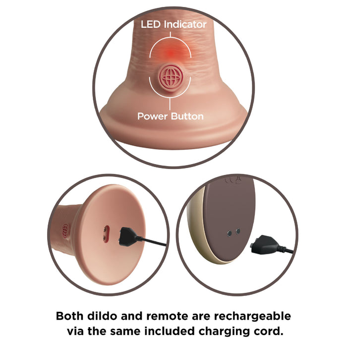 Close-up images display the LED indicator and power button on the base of the King Cock Elite Long 9" Vibrating Dual Density Silicone Dildo with Remote, charging ports on both devices, and text noting both are rechargeable using the same included cable.