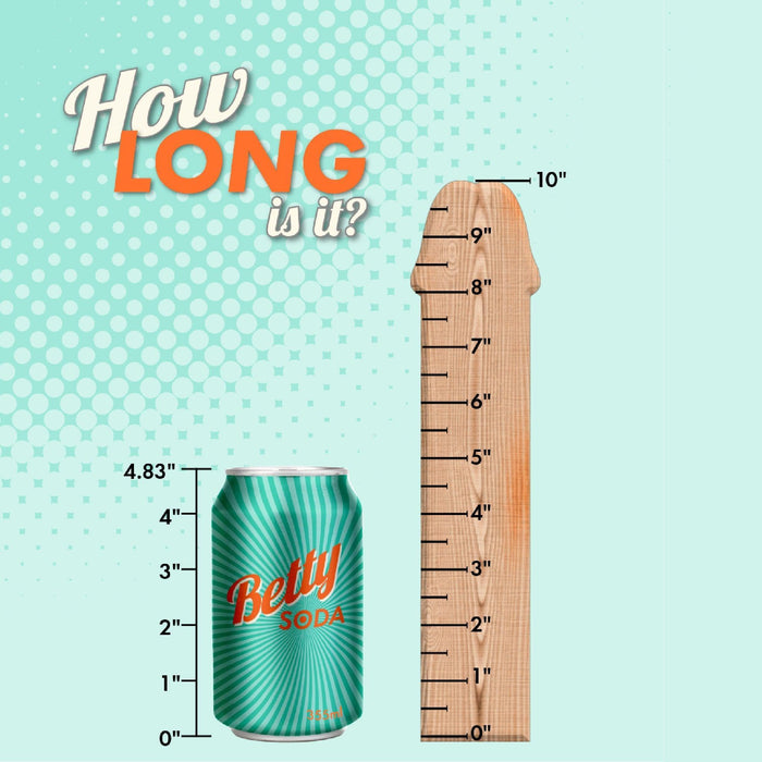 A Belty Soda can (4.83” tall) stands by a wooden ruler shaped like the King Cock Elite Long 9" Vibrating Dual Density Silicone Dildo with Remote, marked 1–10”. Text reads “How long is it?” on a light blue, dotted background.
