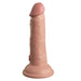 The King Cock Elite Realistic 6 Inch Dual Density Light Tone Silicone Dildo features lifelike texture, a flesh-toned dual-density silicone design, and a sturdy suction cup base for upright use, mimicking human skin and anatomy.