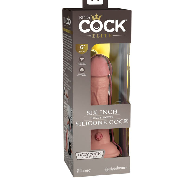The King Cock Elite Realistic 6 Inch Dual Density Light Tone Silicone Dildo is displayed in clear packaging, highlighting its lifelike, flesh-toned design and dual density silicone construction, with product details printed on the box.