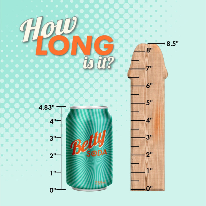 A can labeled "Betty Soda" sits next to a King Cock Elite Realistic 7 Inch Dual Density Light Tone Silicone Dildo, with both on a blue dotted background. Above them, the playful caption reads, "How long is it?.