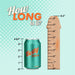 A can labeled "Betty Soda" sits next to a King Cock Elite Realistic 7 Inch Dual Density Light Tone Silicone Dildo, with both on a blue dotted background. Above them, the playful caption reads, "How long is it?.