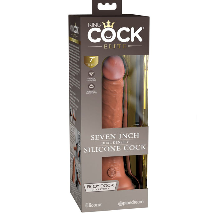 The image displays a boxed King Cock Elite Realistic 7 Inch Dual Density Medium Tone Silicone Dildo with a lifelike tan design, suction cup base, and product details visible through the packaging.