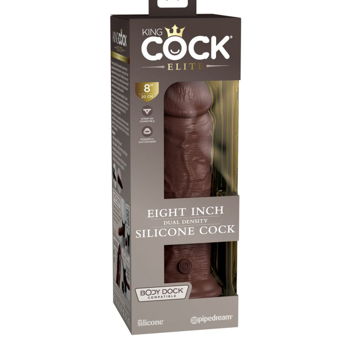 The King Cock Elite Thick 8 Inch Dual Density Dark Tone Silicone Dildo is visible in the box, featuring lifelike dual-density silicone and body dock compatibility highlighted on the packaging.