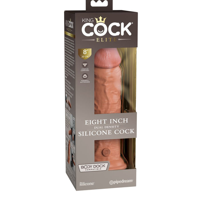 The image features the King Cock Elite Thick 8 Inch Dual Density Medium Tone Silicone Dildo in its brown and gold box, showing product details and branding, from Pipedream's premium series.