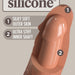 A cross-section of the King Cock Elite Thick 8 Inch Vibrating Dual Density Medium Tone Silicone Dildo shows two labeled layers: 1. silky soft outer skin and 2. ultra stiff inner shaft, highlighting its dual-layer silicone design.