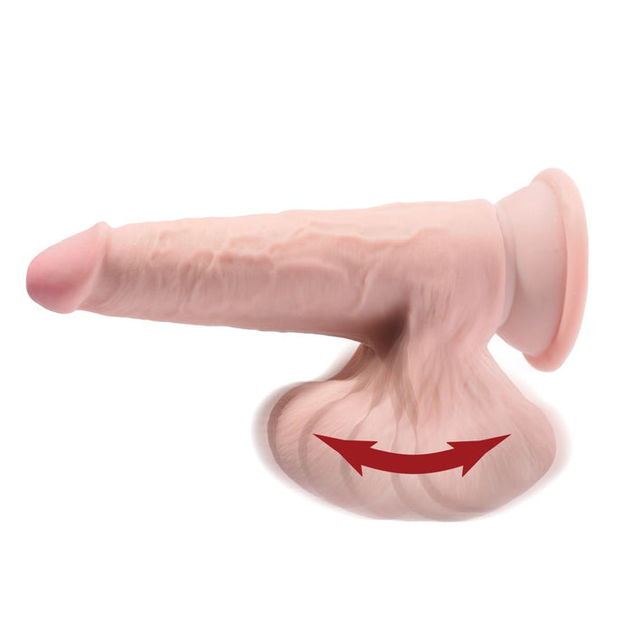 The King Cock Plus Swinging Balls Realistic 6 Inch Light Tone Dildo features lifelike detail and swinging balls at the base. A red double-headed arrow highlights its back-and-forth motion. Ideal for beginners, shown on a plain white background for clarity.