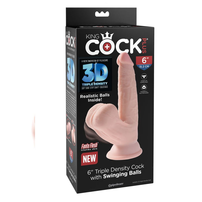 The packaging for the King Cock Plus Swinging Balls Realistic 6 Inch Light Tone Dildo highlights "Triple Density" and "Swinging Balls" on a mostly black box with white, blue, and red product details and images.