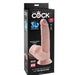 Box packaging for the King Cock Plus Swinging Balls Realistic 8 Inch Light Tone Dildo displays images and text highlighting its triple density material, lifelike design, beginner-friendly size, strong suction cup, and brand name "King Cock Plus.