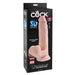 A boxed King Cock Plus Swinging Balls Realistic 9 Inch Light Tone Dildo, crafted from lifelike Fanta Flesh with a strong suction cup, features detailed images and descriptions on the front of the packaging.