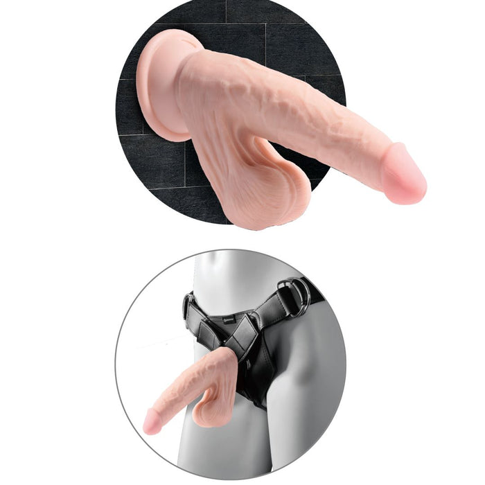 The King Cock Plus Swinging Balls Realistic 9 Inch Light Tone Dildo, made from lifelike Fanta Flesh, is shown with testicles in a black strap-on harness on a mannequin and as a suction cup dildo attached to a tiled wall.