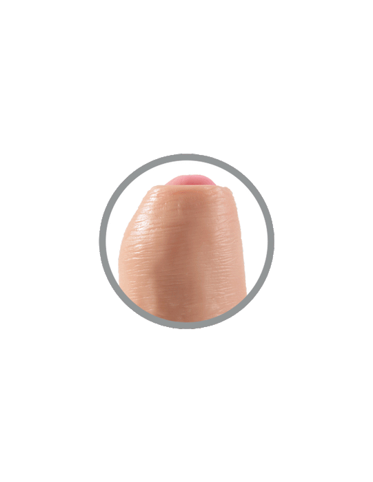 A close-up of a human thumb tip, centered in a gray circle on white, mirrors the lifelike detail and realism of the King Cock Uncut 7 Inch Light Tone Suction Cup Dildo with Moving Foreskin.