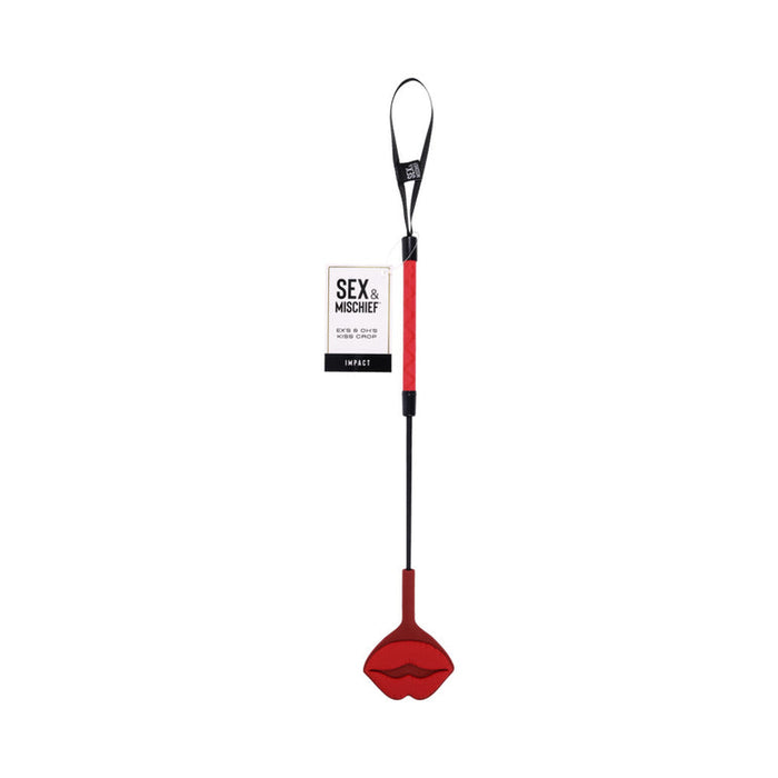 The Kiss Crop with Red Silicone Lips features a lip-shaped silicone tip, black handle with wrist loop, and a "Sex & Mischief" label—perfect for playful spanking adventures.
