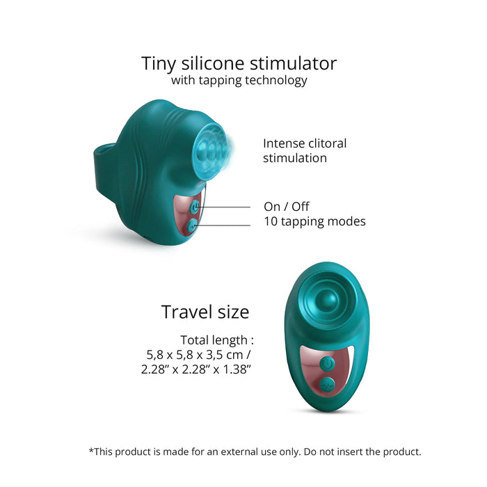 The Kisscool Powerful Mini Clit Taper with Finger Ring is a compact teal silicone massager (5.8x5.8x3.5cm) featuring 2 buttons and 10 tapping modes for intense external stimulation. Travel-friendly; for external use only.