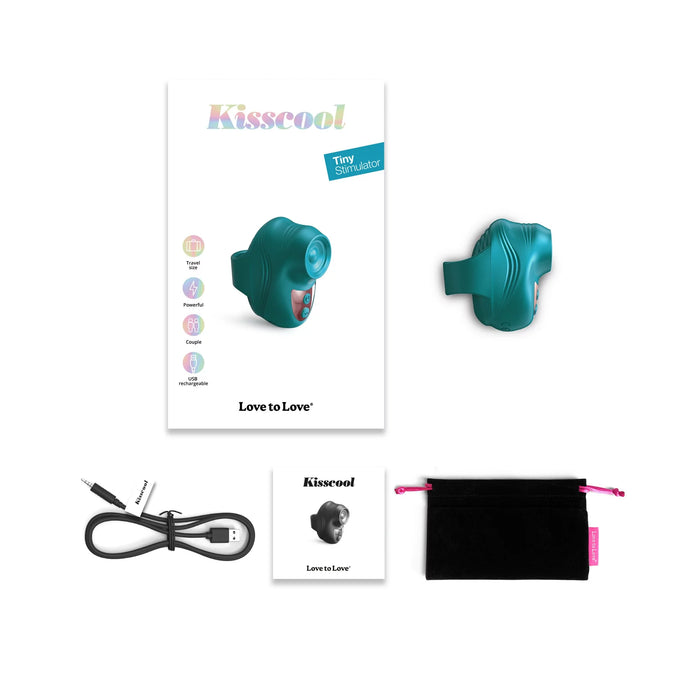 The Kisscool Powerful Mini Clit Taper with Finger Ring comes with a product box, USB charging cable, user manual, and black storage pouch. All items are neatly arranged on a white background.