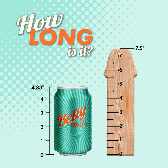 A soda can sits beside the Kona Ultra Realistic 7.5 Inch Silicone Dildo with Suction Cup, shaped like a wooden ruler marked from 1" to 7.5". Text above asks, "How long is it?" on a dotted background.