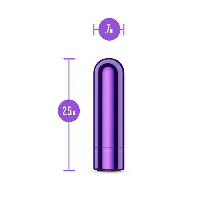 The Kool Vibes Powerful Rechargeable Mini Bullet, a small purple cylinder, stands upright. It’s travel-friendly, measuring 2.5" tall by 0.7" wide, with dimensions shown beside and above it on a white background.