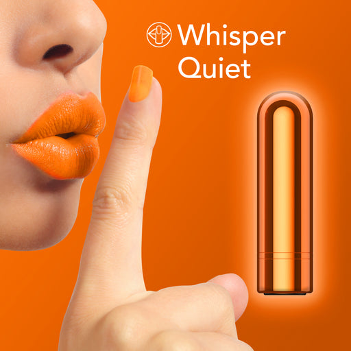 A person with orange lipstick holds a finger to their lips, signaling silence. Next to them is the Kool Vibes Powerful Rechargeable Mini Bullet and the words "Whisper Quiet" on an orange background.
