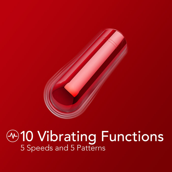 The Kool Vibes Powerful Rechargeable Mini Bullet is shown on a red background, with text highlighting "10 Vibrating Functions, 5 Speeds & 5 Patterns" and a pulse icon, emphasizing this travel-friendly rechargeable vibrator.